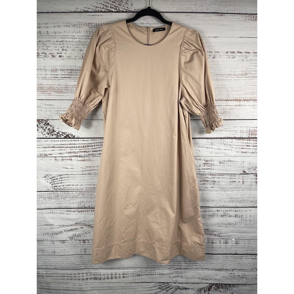 Athena Marie Dress Women's SZ L Beige Peach Sand Maxi Puff Sleeve Pockets Cotton